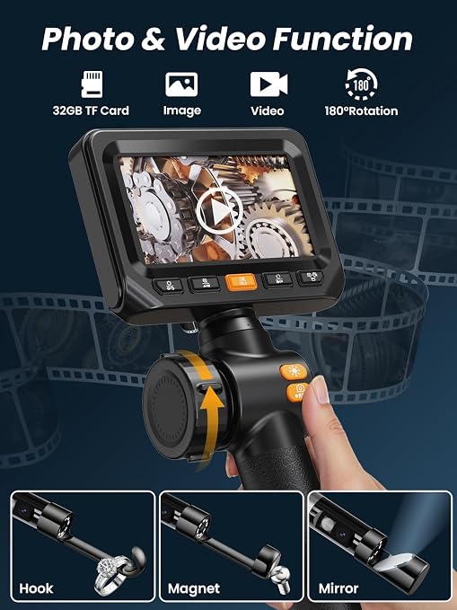 Acoath Two-Way Articulating Borescope, Endoscope Camera with Light, Dual-Lens 1080P Industrial Inspection Camera, 4.3" IPS Screen, 32GB Card, IP67 Waterproof Sewer Tools - 5FT
