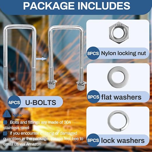 4 Sets 304 Stainless Steel Square U Bolt,U Bolts 3 inch Wide,1/2" D x 3-1/16" W x 7-5/16"L U-Bolts for Boat Trailer with Nuts and Washers, for Automobiles Trailer, Ski Boat
