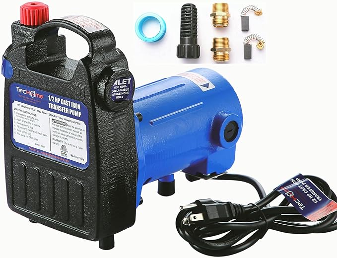 TecHome 1/2 HP Cast Iron Transfer Pump, 120V 1560GPH Water Pump, High Pressure Transfer Pump with Suction Strainer and Brass Connectors.