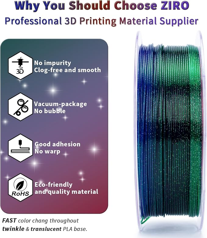 ZIRO 3D Printer Filament Bundle, 4 Packs Fast Color Change with Twinkle Effect PLA 1.75MM, Gradient Translucent PLA, Sparkling Multicolor 3D Material, 1KG/2.2lb x 4 Spool
