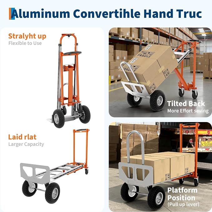 4 in 1 Convertible Hand Truck, Aluminum Hand Trucks 1000 Lb Capacity, Convertible Hand Truck with Wheels, Elastic Straps, Hands Dolly Heavy Duty for Home, Warehouse, Supermarket, Office