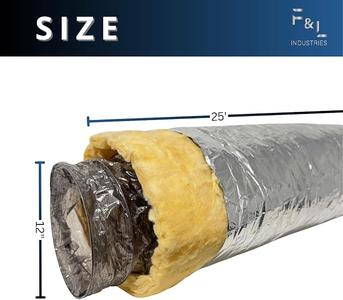 F&L Insulated Flexible HVAC Air Duct 8 10 12 14 Inch – Heavy Duty Flex Ducting for AC Heating Cooling Ventilation Systems, Residential & Commercial Use (12 in 25 FT)