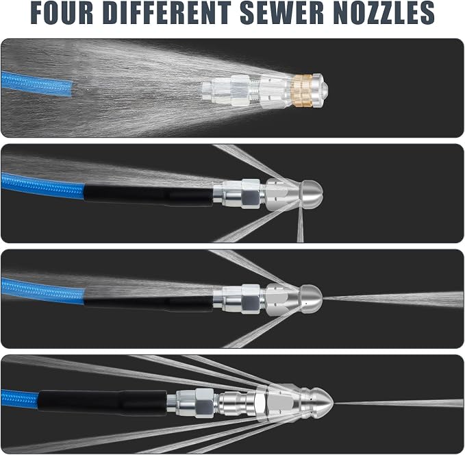 50 FT Sewer Jetter Kit for Pressure Washer, 5800PSI Water Jet Drain Cleaner Hose, 1/4 Inch NPT Corner with 4 Sewer Jetting Nozzles, Pearl Corsage Pin, Waterproof Tape, Handle Strap&2 Spanner (Blue)