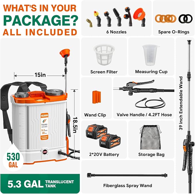 Battery Powered Backpack Sprayer 5.3 Gallon for Lawn, Garden, Yard | Built-in Mixing System,5.3GAL,45-90PSI Adjustable Pressure,6 Hours Long Battery Life,6 Spray Nozzles,39" Telescopic Wand