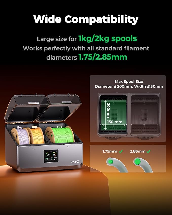 Creality Filament Dryer, Space Pi X4 Filament Storage Box for 4 Spools, Dual Independent Heating Chambers, 85℃ Max Temperature, Compatible with 1.75mm 2.85mm PLA PETG ABS TPU PC PA PAHT