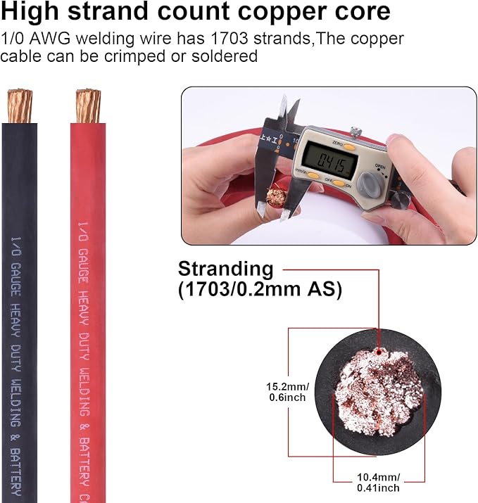 1/0 Gauge Welding Cable,iGreely 1/0 AWG Pure Copper Battery Welding Wires for Auto Solar Generator,5pcs of 5/16""& 5pcs 3/8"" Copper Lug Terminal Connector with Heat Shrink Tubing 5Ft Black+5Ft Red