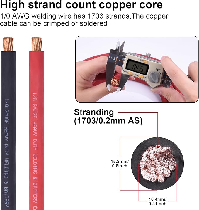 1/0 Gauge Battery Cable,iGreely 1/0 AWG 30 Ft Black+30 Ft Red Copper Welding Wire for Auto Generator Solar Marine,5pcs of 5/16"" & 5pcs 3/8"" Copper Lug Terminal Connector with Heat Shrink Tubing