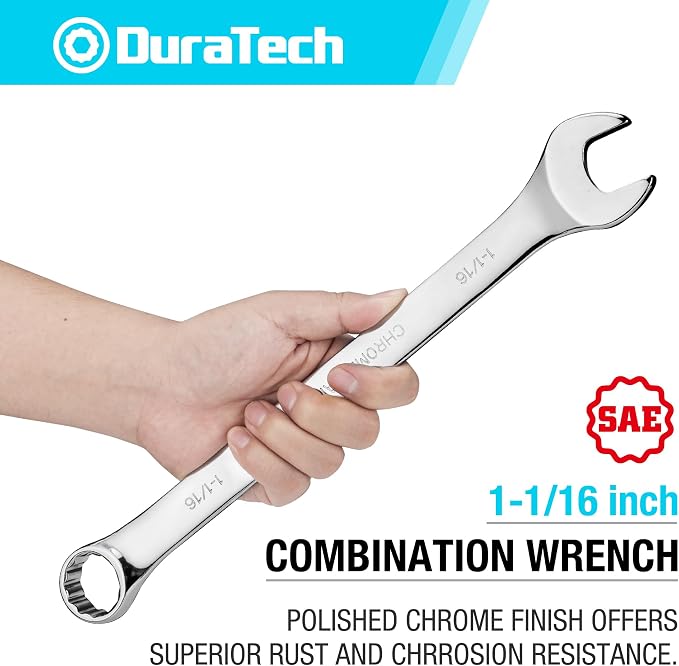 DURATECH 1-1/16" Combination Wrench, SAE, CR-V Constructed with Mirror Polish, 12-Point, 15-Degree Offset