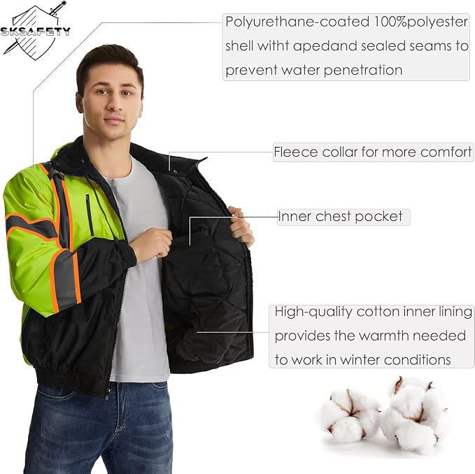 SKSAFETY High Visibility Reflective Jackets for Men, Waterproof Class 3 Safety Jacket with Pockets, Hi Vis Yellow Coats with Black Bottom, Mens Work Construction Coats for Cold Weather, 6XL,Yellow