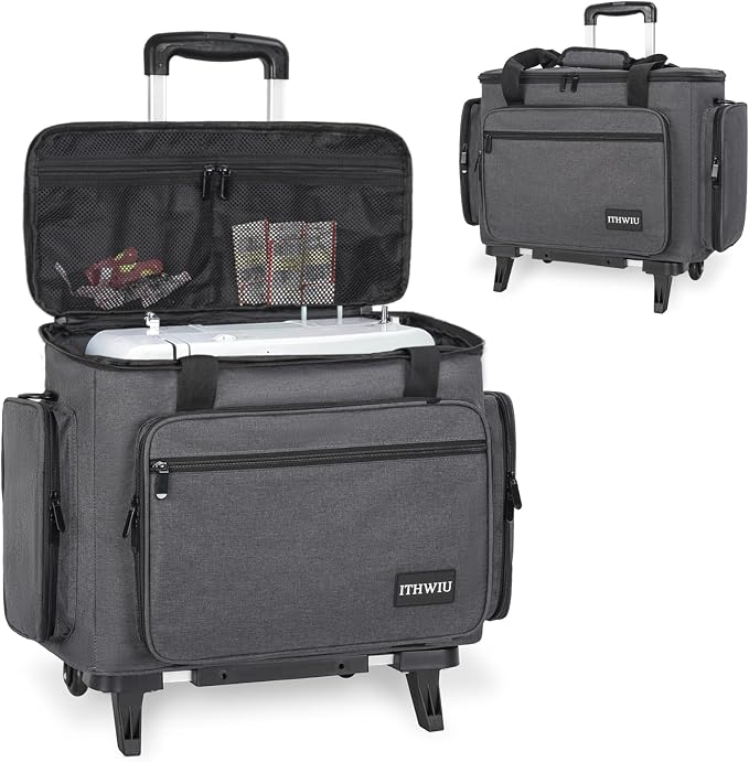 Sewing Machine Case with Wheels, Universal Rolling Trolley Tote with Shoulder Strap & Multiple Storage Pockets Compatible with Most Standard Singer, Brother, Janome, Grey
