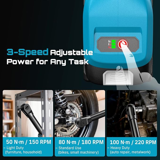 Cordless Electric Ratchet Wrench 3/8", 6" Extended Neck, 3-Speed Adjustable, 74 Ft-lbs Max Torque, 21V Power Brushless Ratchet with 2×2.0Ah Batteries & Fast Charger, 8 Sockets, 1/4"& 1/2" Adapter