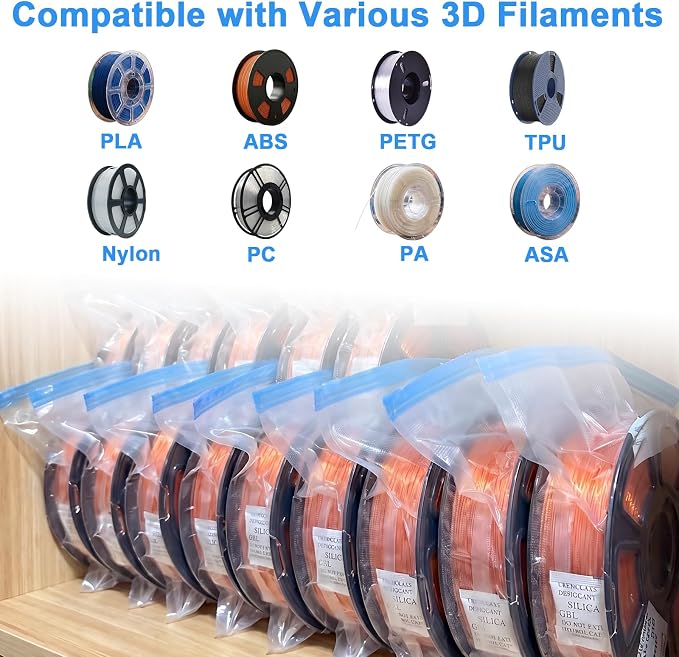 100 PCS Filament Storage Bags, 3D Printer Filament Bags, 12.6 x 13.4 in | Reusable Vacuum Storage Bag Kit with Sealing Clips, Desiccants, Humidity Indicator Card and Mini Silicone Cover, White
