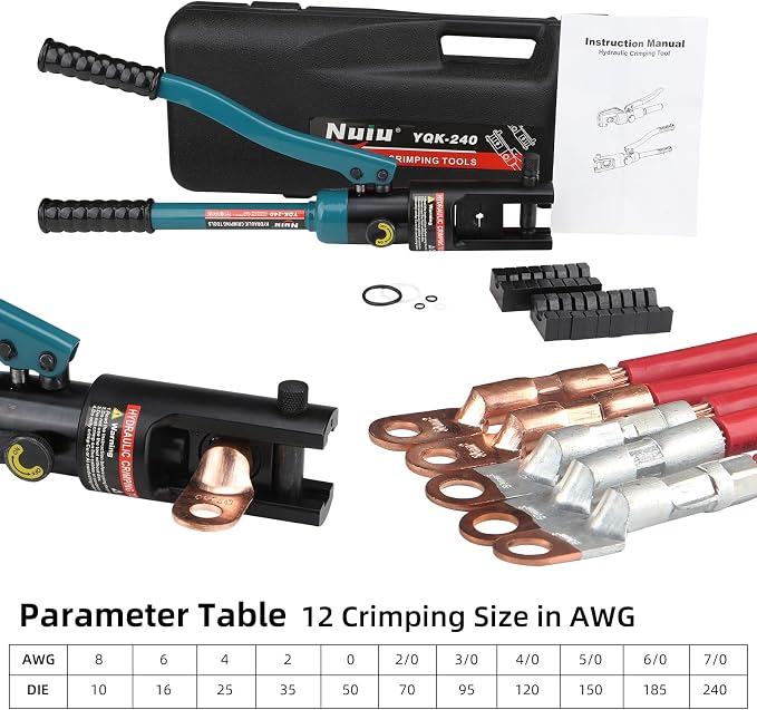 YQK-240 Hydraulic Crimping Tool 12T, Wire Crimper for Battery Cable Terminals 16-240mm²(6 AWG to 7/0 AWG)with 10PCS Hex Dies,16mm Stroke, 180°Swivel Head - Professional Electrician Crimper(Blue)
