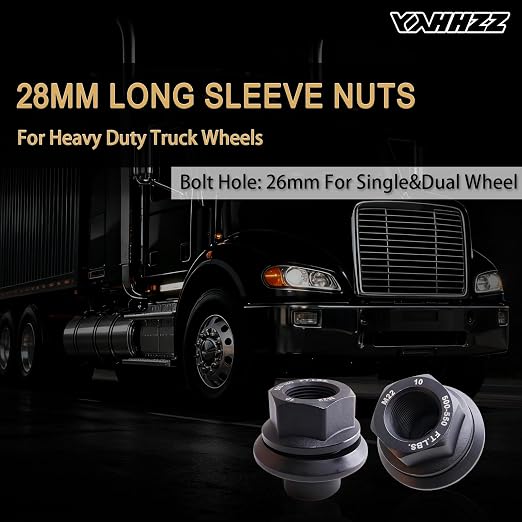10 Pack Heavy Duty Wheel Lug Nuts, Two-Piece 19mm Sleeve Flanged, M22x1.5 Hex 33mm, Black Steel for Semi Truck with Hub Piloted Seat, 26mm Bolt Hole