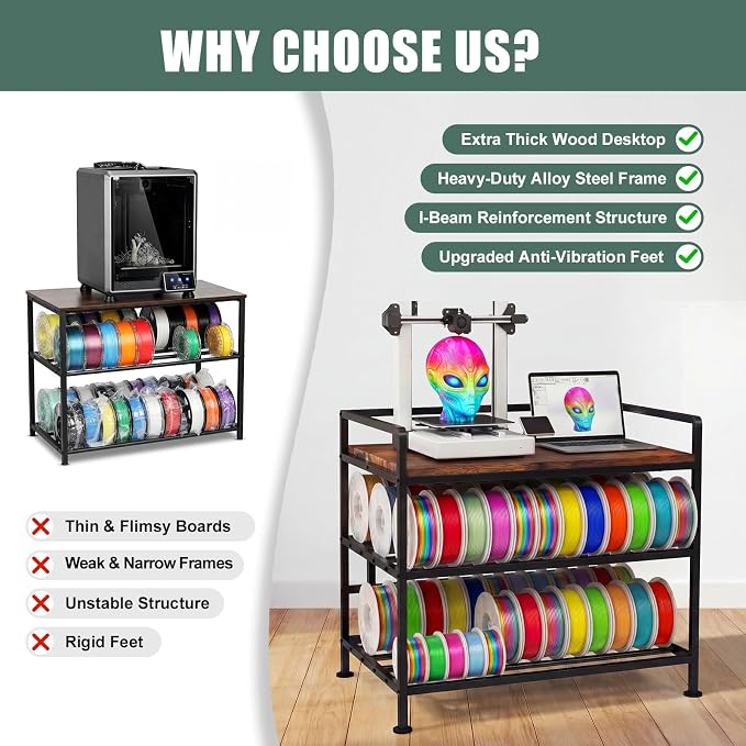 3D Printer Stand with Filament Storage 31.5"x21.6" Printer Table | Wobble-Free, 60 Filament Capacity, I-Beam Reinforced Structure, Anti-Vibration Feet, for Workshop Studio Office