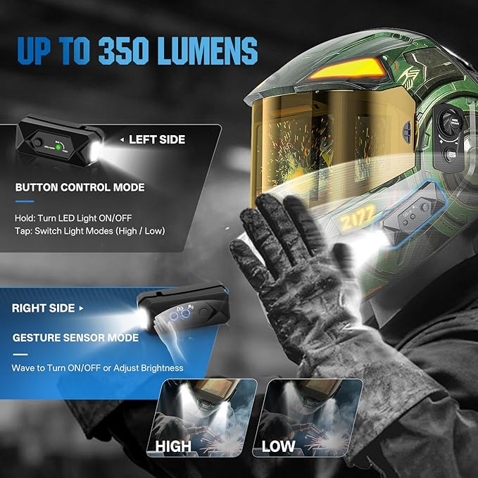 ANDELI Intelligent Auto-Adjustment Welding Helmet with 2 Lights,7.2" x 3.2" Panoramic View,3-Sided Auto Darkening,Internal Display,Rechargeable/Memory/Gradient,True Color for Weld Cut Grind(1500mAh+)