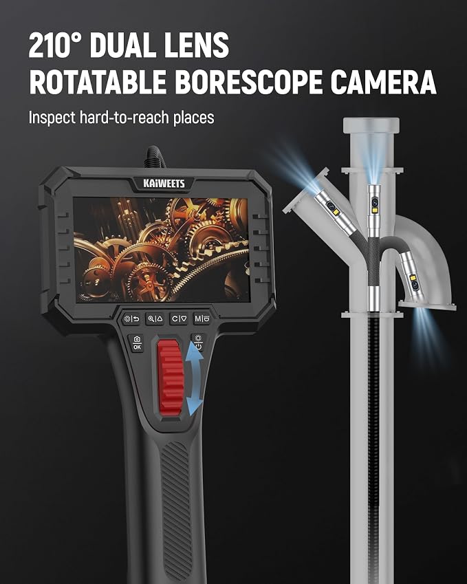 Dual Lens Two-Way Articulating Borescope Camera with Light, 0.25in Slim Probe, Industrial Endoscope Inspection Camera with Light, 5.3FT Flexible Snake Scope for Automotive, HVAC and Aircraft Mechanics
