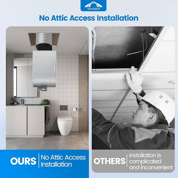Tech Drive Bathroom Fan with Humidity sensor,80 CFM,1.5 Sone,4 Inch Duct | Very Quiet,No Attic access Needed Installation, HVI and Energy Star Certified, Easy to Install