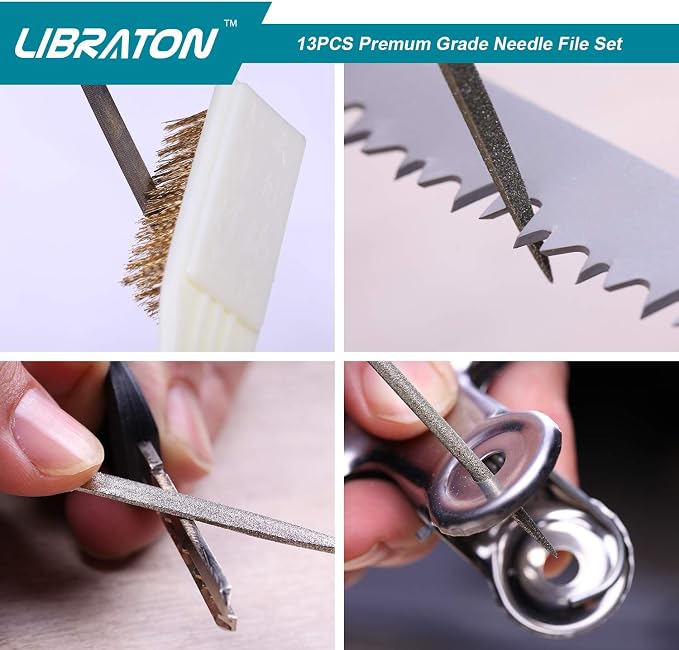 LIBRATON Small File Set, Needle Diamond Files 13PCS, 6pcs Jewlers & 6 Steel for Precision Metal Work, Wood, Woodworking, Plastic Carving Tool with Brush and Carry Case