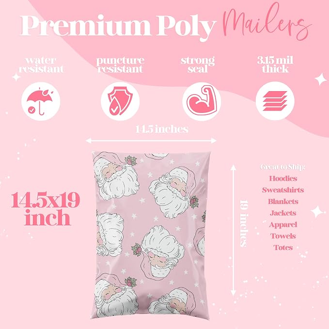 Pretty Package Store Poly Mailers 14.5x19, Pink Santa, 100 Pack | Heavy Duty, Waterproof, Self Seal, Tear Resistant, Shipping Bags for Small Business Packaging, Bulk Mailing Envelopes