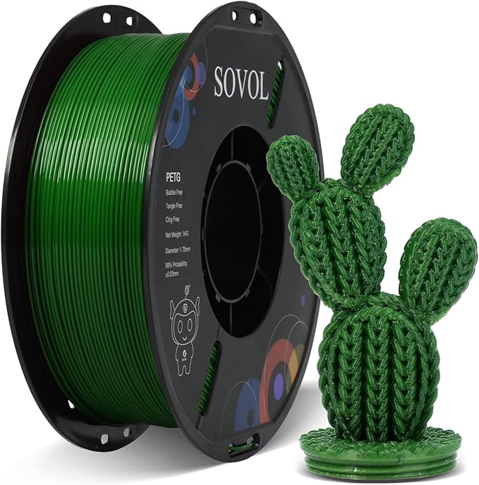 Sovol 3D Printer PETG Filament 1.75mm 1KG (2.2lbs), High Precision, Strong Toughness, Wiring Tightness, Dimensional Accuracy +/- 0.03 mm, 3D Printing PETG Filaments, Green