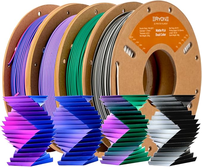 ERYONE PLA Filament 3D Printer Filament Bundle Multicolor 1.75mm +/- 0.03mm, PLA Filament 250g Spool, 4 Rolls, Matte Dual Color 2