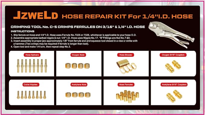 Hose Repair and Assembly Kits, 1/4" ID Torch Hose Repair Parts Kit, Oxygen Acetylene Welding Hose 'B' Size Fittings with Crimper, Welding Hose Repair and Installation Kit