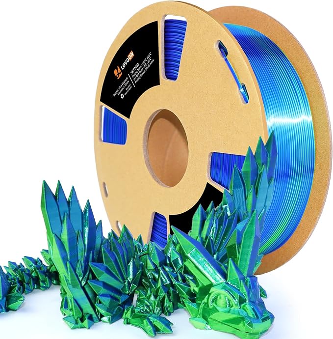 LOVOON PLA Filament 1.75mm Silk Blue Green dualcolor Change by Angle 3D Printing Filament, Shiny Coextrusion PLA Filament, Silk Blue Green, 1KG/(2.2lbs)/Spool