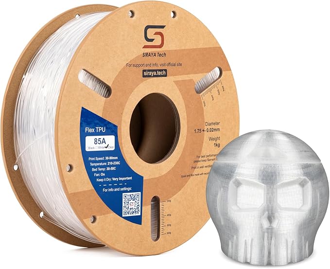 Siraya Tech Flex TPU Filament - 85A Shore, ISO 10993, High Flexibility & Toughness, High Flow & Speed, Easy to Print, Moisture-Resistant Aluminum Bag - Ideal for Footwear, Protective Gear (Clear, 1kg)
