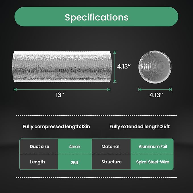 Flexible 4-Inch Aluminum Ducting, Dryer Vent Hose, Heavy-Duty Three-Layer Protection, 25-Feet Long for Heating Cooling Ventilation & Exhaust, Silver
