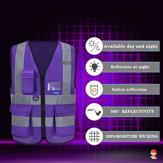 A-SAFETY High Visibility Reflective Vest with 7 Pockets, Zipper, Purple, L | Purple L work vest with 7 pockets, black front zipper and reflective strips for material handling and laboratory safety.