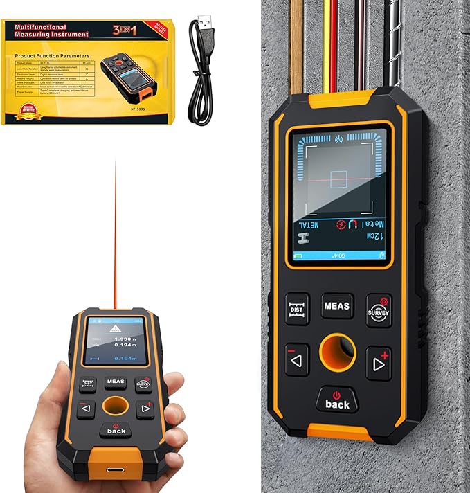 Stud Finder Wall Scanner - with Laser Distance Meter & Digital Level, 5 in 1 Rechargeable Multifunctional Stud Detector with Upgraded Sensor, HD LCD Display and Voice
