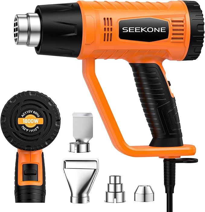 SEEKONE Heat Gun 1800W Heavy Duty Fast Heat Hot Air Gun Kit with 752℉&1112℉（400℃-600℃） Dual-Temperature Settings and 4 Nozzles with Overheat Protection for Crafts, Shrinking PVC, Stripping Paint