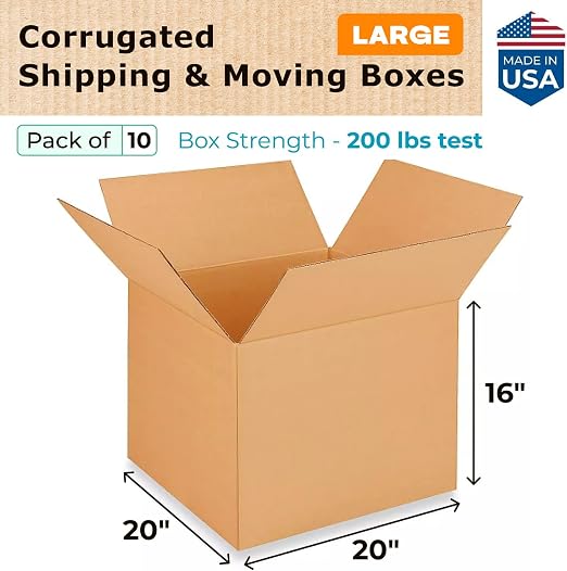 Extra Large Shipping & Moving Boxes 20x20x16 inches (10-Pack) - Extra Strength 200 lb vs Regular - USA-Made Corrugated Shipping Boxes - Large Packing Box for Moving - Heavy Duty Box by IDL Packaging