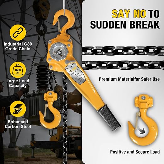 YELLOW JACKET 3 Ton Manual Lever Chain Hoist, 10 FT Come Along, G80 Galvanized Carbon Steel with Weston Double-Pawl Brake, Chain Come Along and Safety Measures for Chain Fall