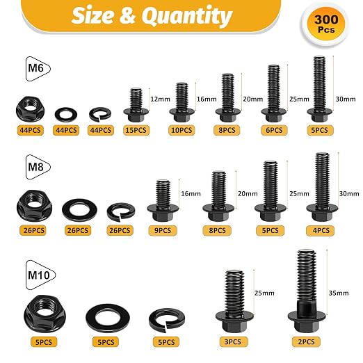 Kadrick Metric Flange Bolt Assortment. 300Pcs M6 M8 M10 Bolt Kit,M6 x1.0 M8 x1.25 M10-1.25 (12mm to 35mm) Hex Bolts Nuts and Washers Kit,Black Zinc Plated