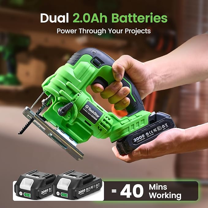 TaskStar Jig Saw - Cordless Jigsaw Saw with Batteries and Charger | Jigsaw Tool wtih 9 Blades for Wood, Metal, PVC, ±45° Bevel Cutting, 4 Orbital Actions, LED, Safety Lock, Storage Bag