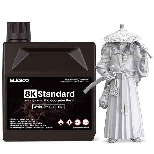 ELEGOO 8K Standard Resin, 405nm Rapid UV-Curing 3D Printer Resin, Higher Precision, Lower Shrinkage 3D Photopolymer Resin for 8K/12K/14K 3D Printer and LCD/MSLA/DLP 3D Printing, White Smoke 2000G