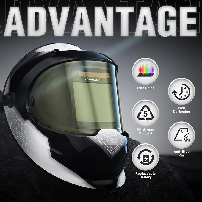 YESWELDER Auto Darkening Welding Helmet with SIDE VIEW, 180° Panoramic View, 1/1/1/1 True Color Solar Powered Welder Hood, Wide Shade 3/5-9/9-13 Welder Mask for TIG MIG ARC CUT and GRIND, LYG-Q800D