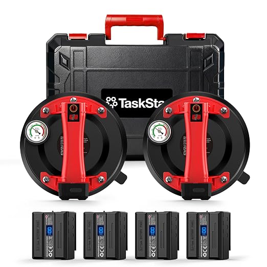 TaskStar Electric Glass Suction Cups, Tile Suction Cup Lifter with Pressure Gauge, 4X 2400mAh Battery, LCD Display & Auto Hold Up to 270KG Heavy Duty Vacuum Suction Cup Handle for Tile/Window/Granite