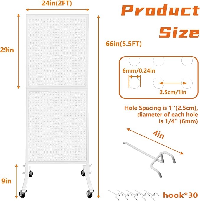 Royxen Metal Pegboard with 30 Hooks and Wheels,2 x 5.5 Feet Pegboard Display Rack, Standing Pegboard Display for Home and Store, White