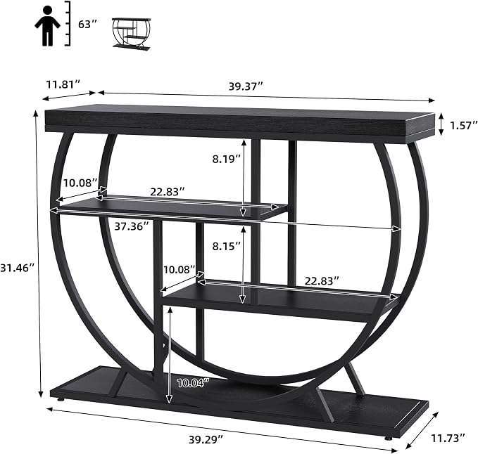Garvee Entryway Table with Storage, Industrial 4-Tier Narrow Console Table Behind Couch with Half-Circle Base & Storage Shelves for Living Room, Hallway, Foyer