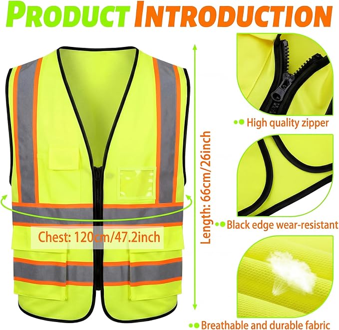 EBOOT 20 Pcs Vests High Visibility Reflective Vest Safety Neon Bright Work Construction Vest with Pockets Reflective Strips (Fluorescent Green)
