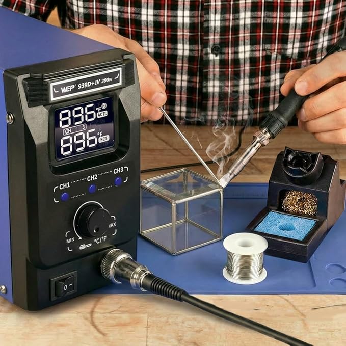 WEP 939D+IV 300W Heavy Duty Soldering Iron for Stained Glass, Larger Electronic Projects, PID Temp. Controlled LED Solder Station with 3 Quick Change Tips, Detachable Handpiece, 3 Pre-set Channels