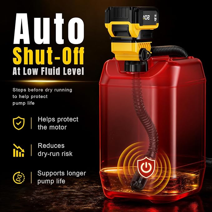 Fuel Transfer Pump for DeWalt 20V Batteries, Cordless 3.7 GPM Flow | Gas Can Pump Kit with Locking Nozzle, 3 Adapters for Gasoline, Diesel, Kerosene & Light Oil, Battery Not Included
