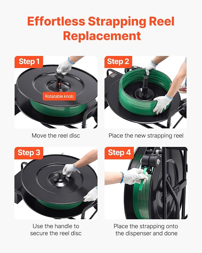 VEVOR Banding Strapping Cart, for PET/PP Coils with 8" or 16" Core, Heavy Duty Strapping Dispenser with Upgrade Drum Brake System, Rubber Wheels and Built-in Spacious Tool Tray, 110 lbs Capacity