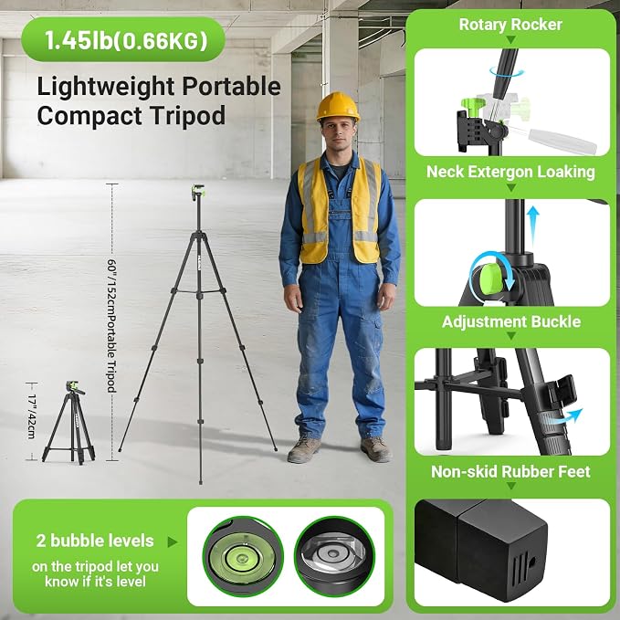 Laser Level with 60" Tripod, Rechargeable, Self Leveling Lazer Leveler Tool, Green Cross Lines,10H Runtime, Pulse Mode up to 165 ft, IP54 for DIY, Tile, Cabinet U011G, Fathers Day Dad Gifts
