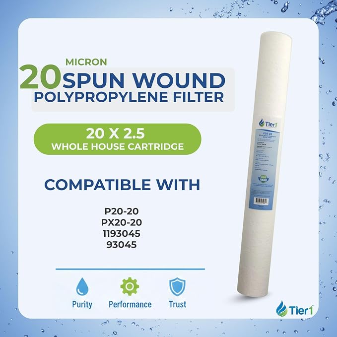 Tier1 20 Micron 20 x 2.5 Water Filter | Spun Wound Polypropylene Whole House Sediment Water Filter Cartridge | Replacement for Pentek P20-20, Purtrex PX20-20 | 2.5 x 20 Whole House Pre-Filter (6-Pack)