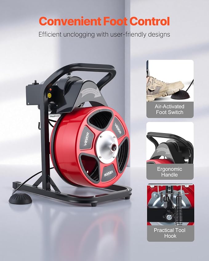 VEVOR Drain Cleaner Machine 50 FT x 1/2 Inch, Manual Feed Sewer Snake Auger with 4 Cutters & Air-Activated Foot Switch for 2" to 6" Pipes