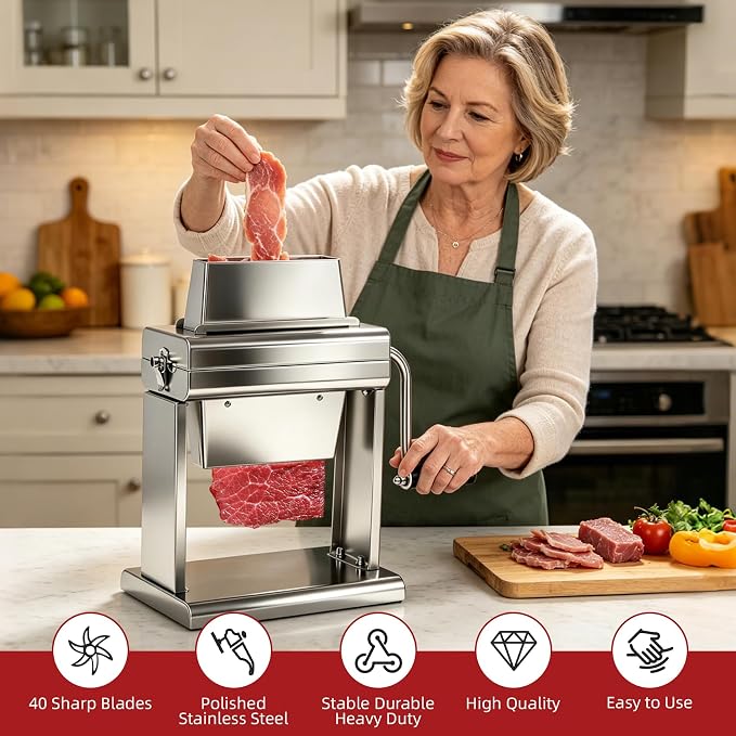 Commercial Meat Tenderizer Machine with Handle, 40-Blade Heavy Duty Stainless Steel Manual Meat Tenderizer for Steak, Chicken, Pork, Lamb，Ideal for Restaurant, Butcher Shop & Home Use